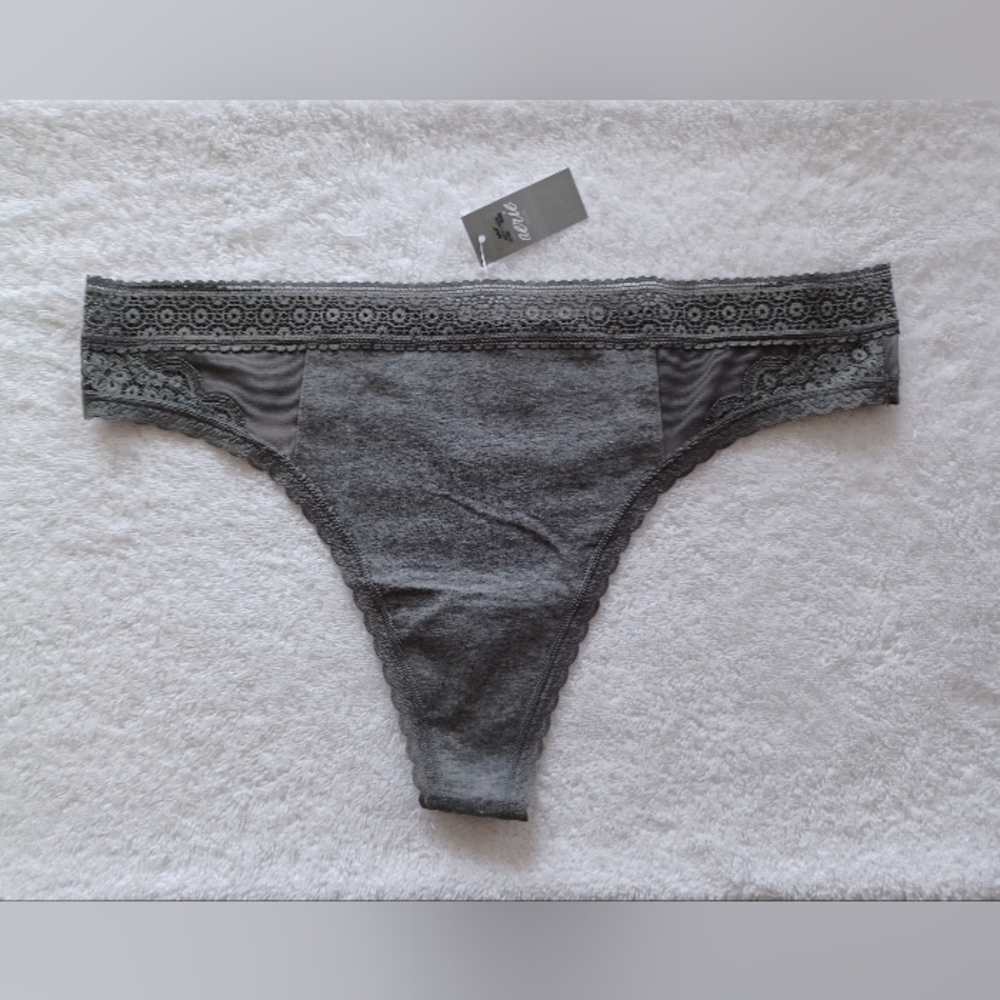 aerie Gray Lace Trim Thong, Size XL